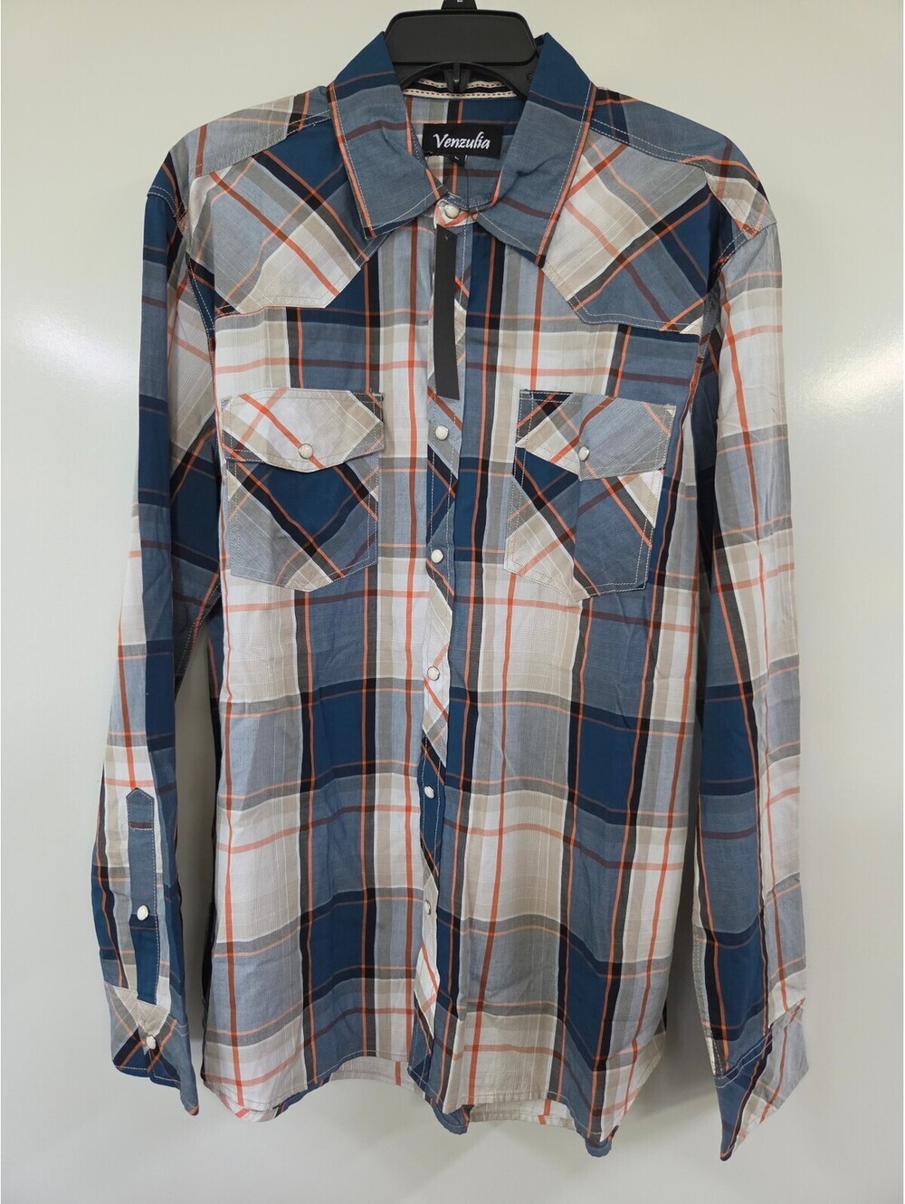 Venzulia Men's Large Blue and Beige Plaid Button-Up Shirt with Snap Closures